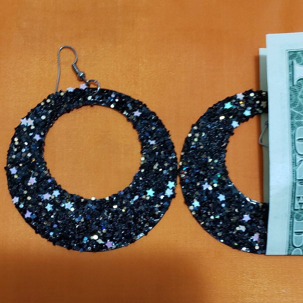 Black Metal Multi Color Glitter Earrings With Stars.